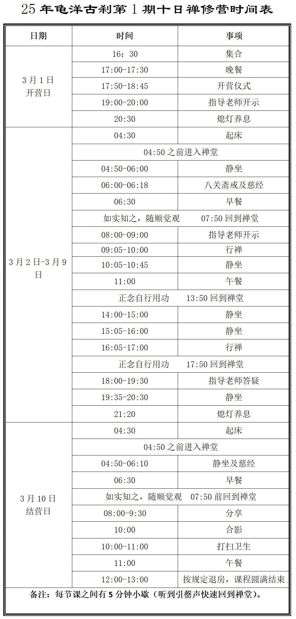 2025年龟山寺第1期十日禅修营3.1~3.10